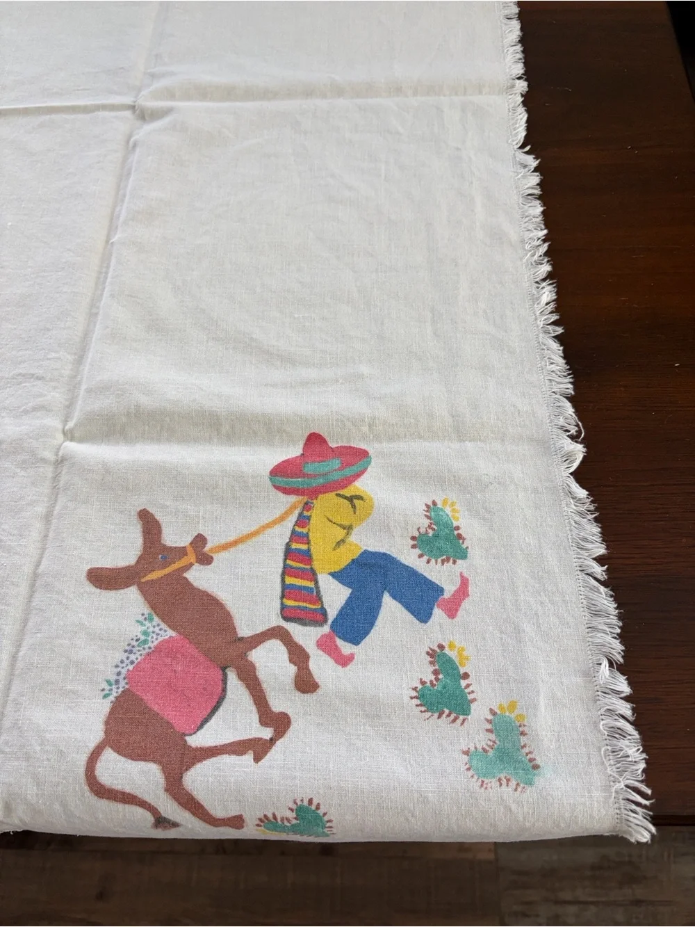 Vintage Mexican Folk Art Stamped card table tablecloth